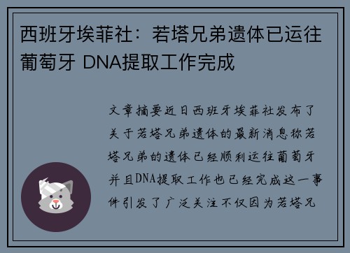 西班牙埃菲社：若塔兄弟遗体已运往葡萄牙 DNA提取工作完成