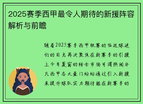 2025赛季西甲最令人期待的新援阵容解析与前瞻