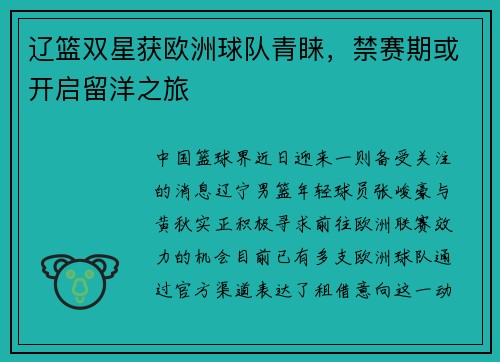 辽篮双星获欧洲球队青睐，禁赛期或开启留洋之旅