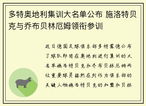 多特奥地利集训大名单公布 施洛特贝克与乔布贝林厄姆领衔参训