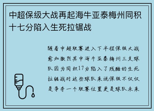 中超保级大战再起海牛亚泰梅州同积十七分陷入生死拉锯战