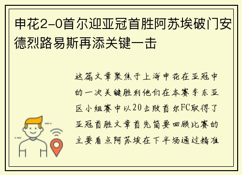 申花2-0首尔迎亚冠首胜阿苏埃破门安德烈路易斯再添关键一击